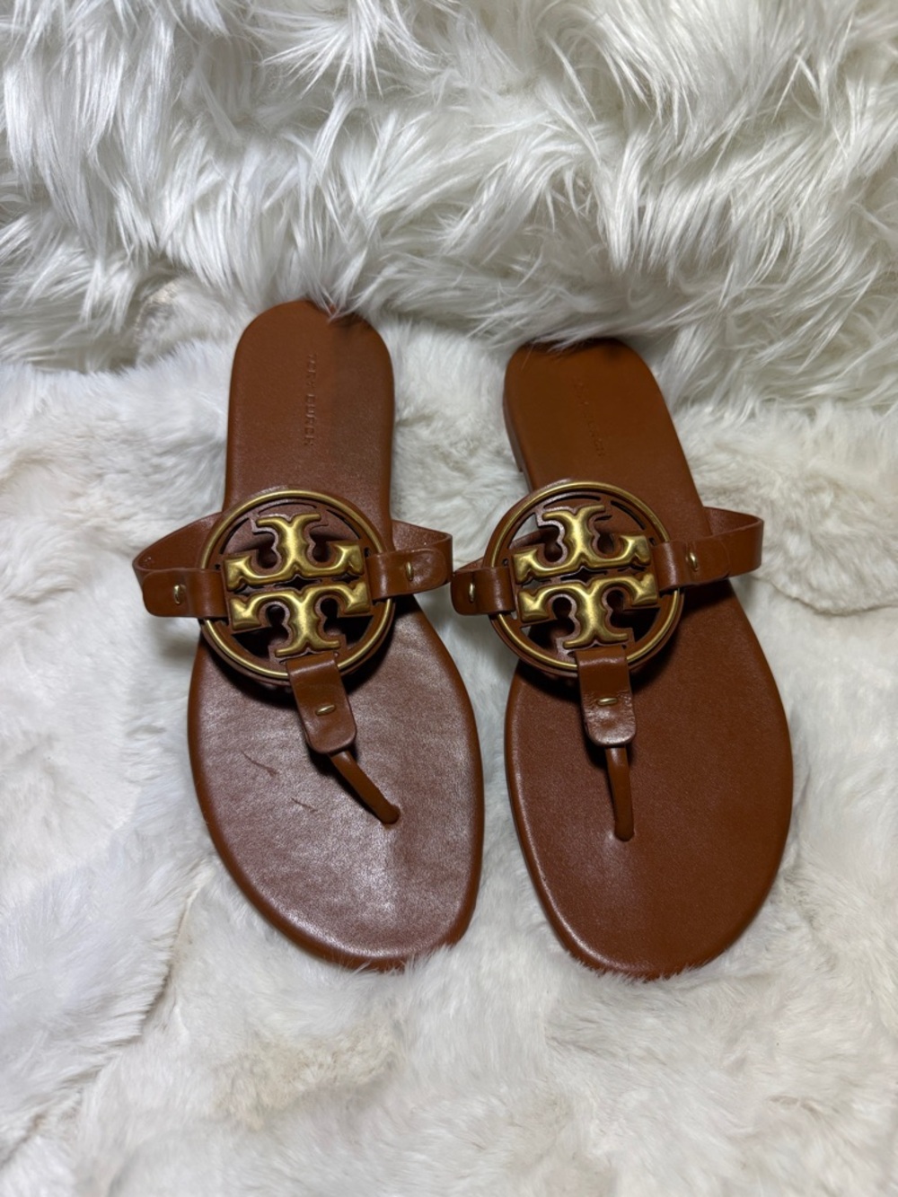 Tory Burch Cognac Leather Slide Sandal with Gold Medallion